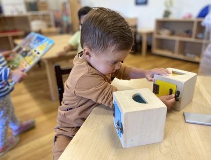 Curious Toddler in a Montessori classroom solving a problem