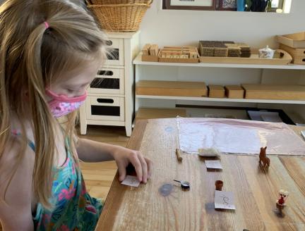 Elementary Montessori Child working on identifying small objects using Lifetime Montessori school tools