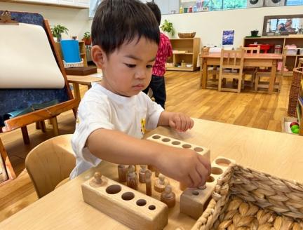 Toddler independently learning shapes and puzzles at Lifetime Montessori School 