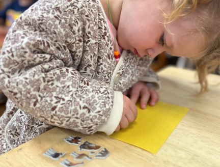 Lifetime Montessori child working on stickers in a prepared environment