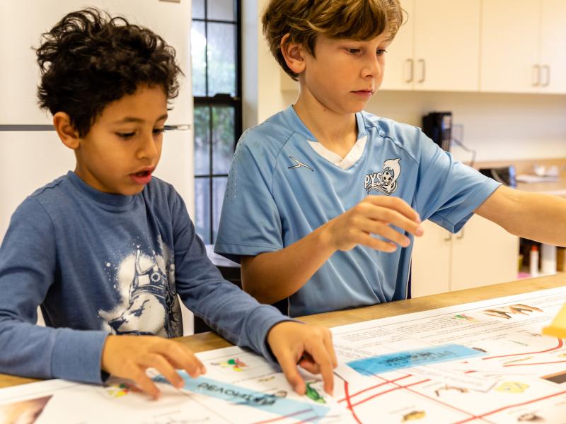 Two Elementary Montessori children solving problems