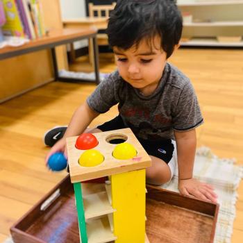 Toddler independently learning shapes and puzzles at Lifetime Montessori School 