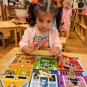Toddler independently solving puzzles at Lifetime Montessori School 