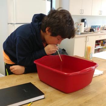 Boy in Montessori classroom doing a science project
