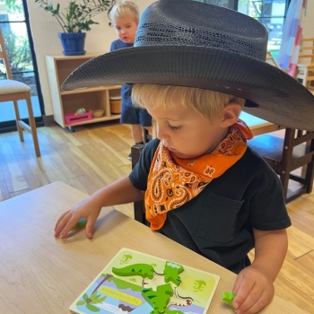 Toddler independently learning shapes and puzzles at Lifetime Montessori School 