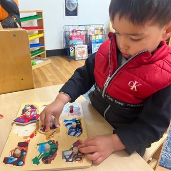 Toddler independently learning shapes and puzzles at Lifetime Montessori School 
